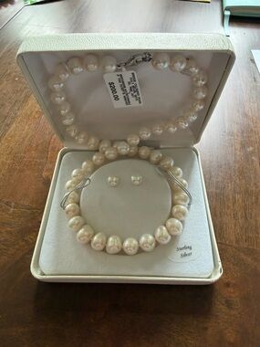 New Cultured Pearl Sterling Jewelry Set 17" Necklace, 8.5mm Stud Earrings